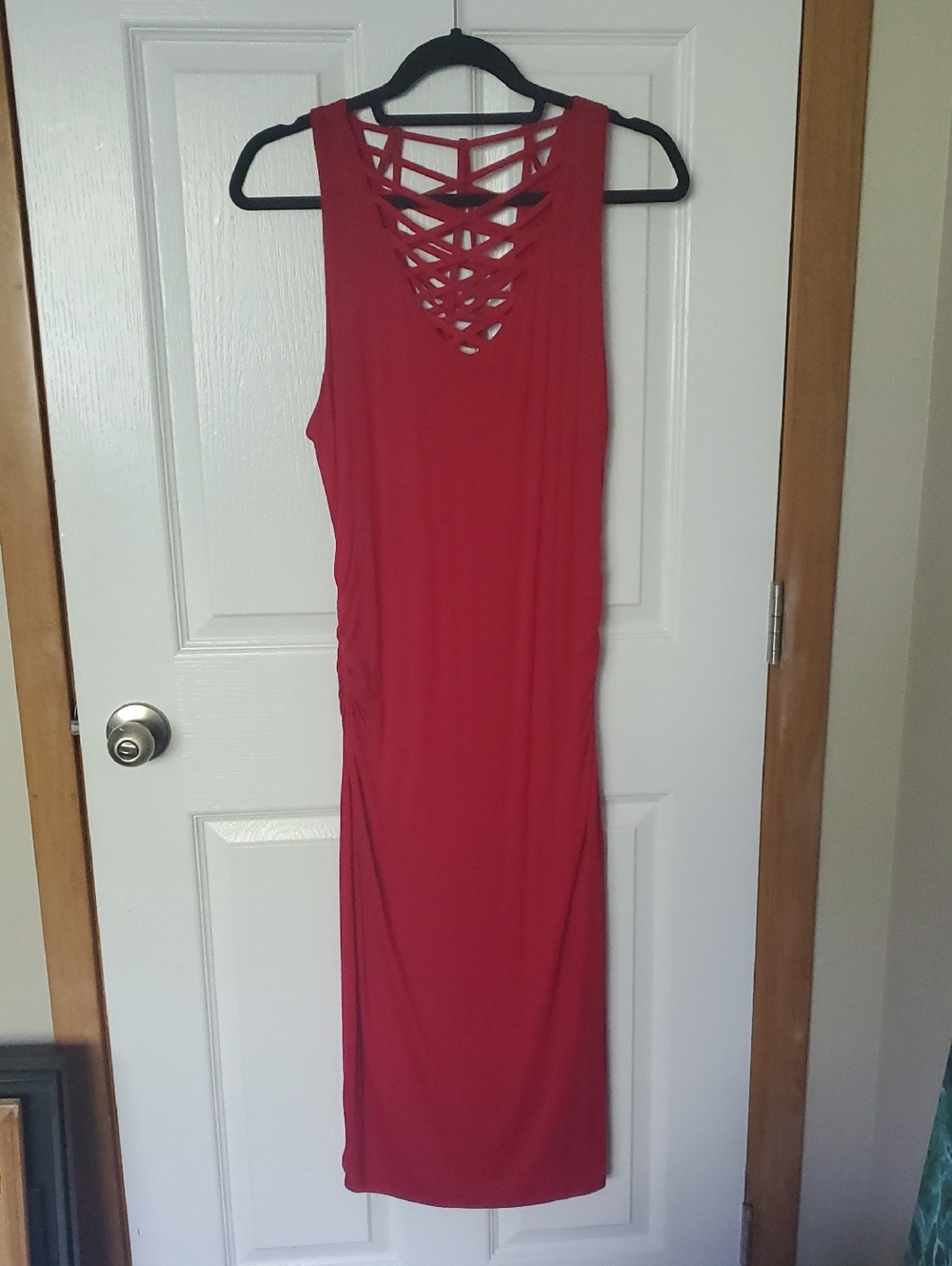 2/$10 JustFab Red Sleeveless Midi Dress with Lattice Front & Back